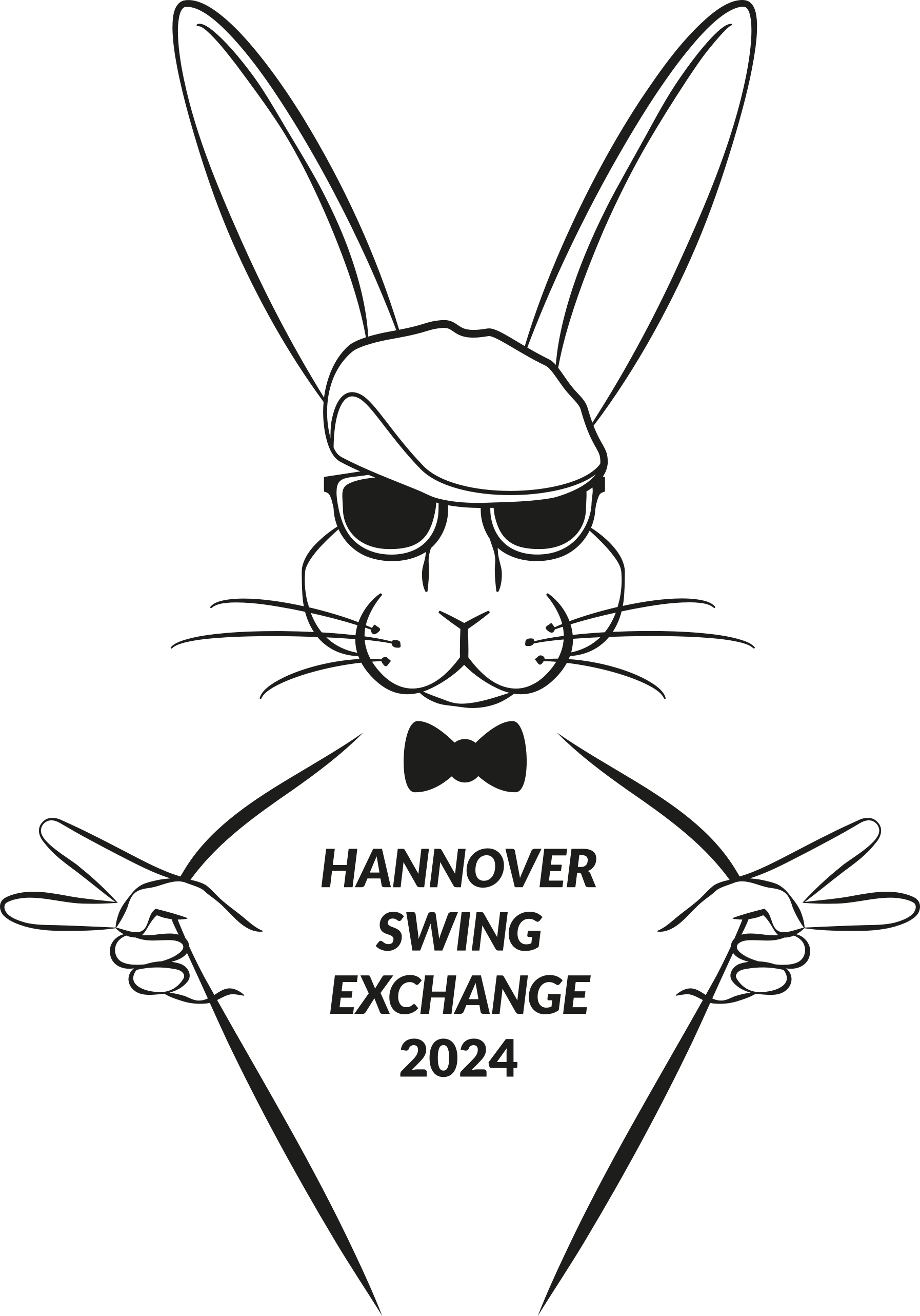 Hase mit Sonnenbrille und Schiebermütze, der seine Hosenträger auseinanderzieht und den Schriftzug "Hannover Swing Exchange 2024" zeigt