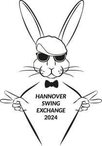 Hase mit Sonnenbrille und Schiebermütze, der seine Hosenträger auseinanderzieht und den Schriftzug "Hannover Swing Exchange 2024" zeigt